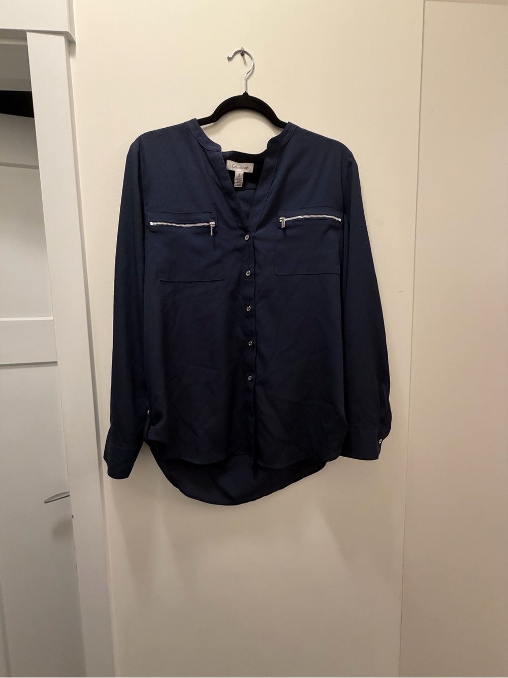 Calvin Klein Navy Button-Front Blouse with Zip Chest Pockets